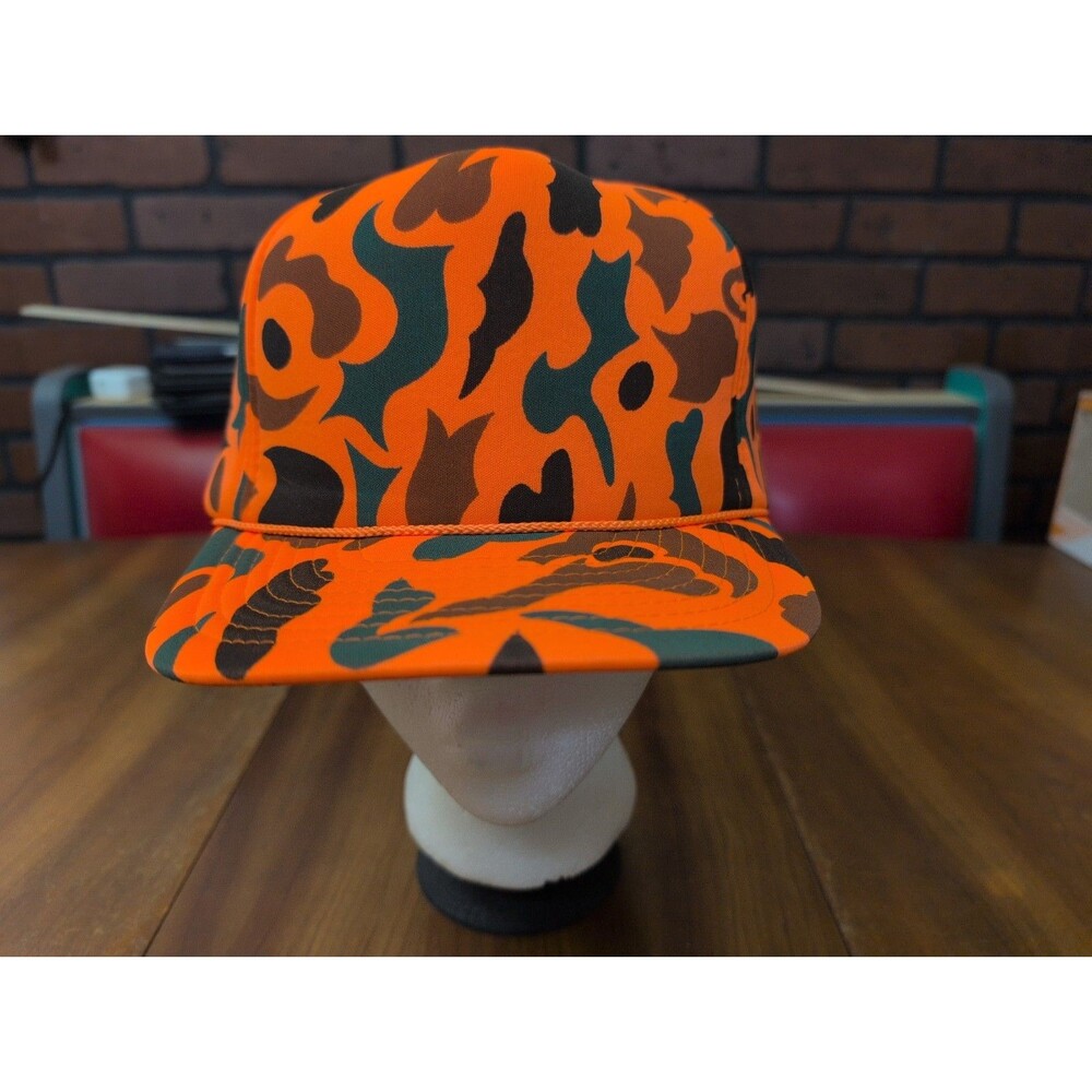 Vintage San Sun Hunter Blaze Orange Camo Snapback Trucker Rope Hat Foam 5-Panel